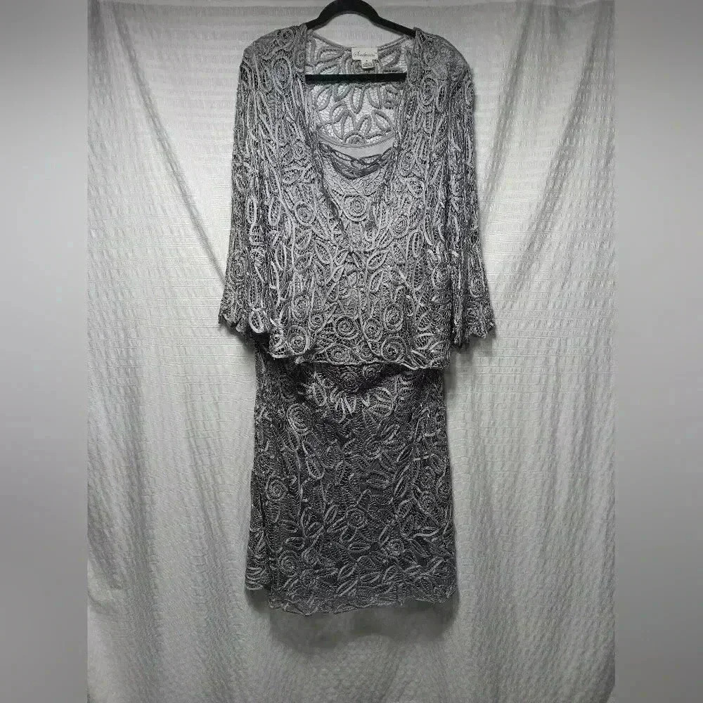 SOULMATES Hand Crochet 3/4 Bell Sleeve 3pc Evening gown. Silver with beading. XL